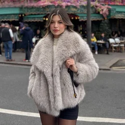 New Winter Gradient Fluffy Fur Coat Fashion Female Overcoats Women High Street Luxury Big Fur Collar Faux Fox Fur Jacket