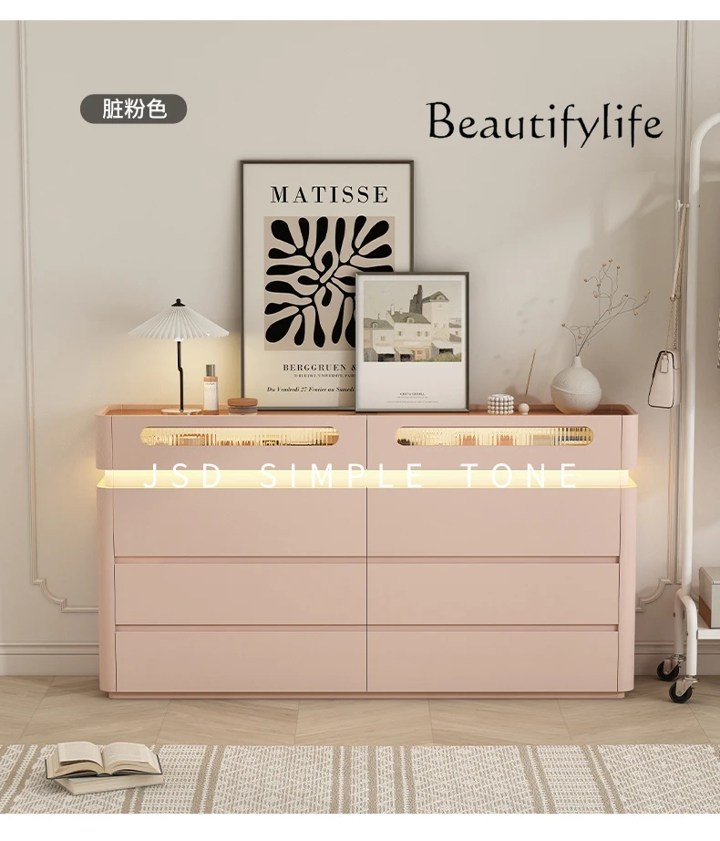 Light luxury cream style solid wood eight-bucket cabinet, bedroom locker, bedside bucket cabinet, dresser integrated pink.