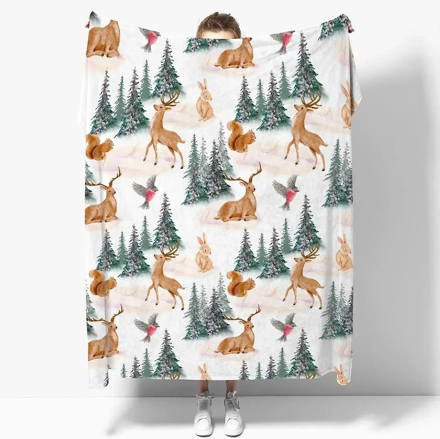 Elk Christmas Tree Rabbit Squirrel Bird Blanket Print Soft Lightweight Warm Cozy Plush for Bedroom Bedding Couch Novelty