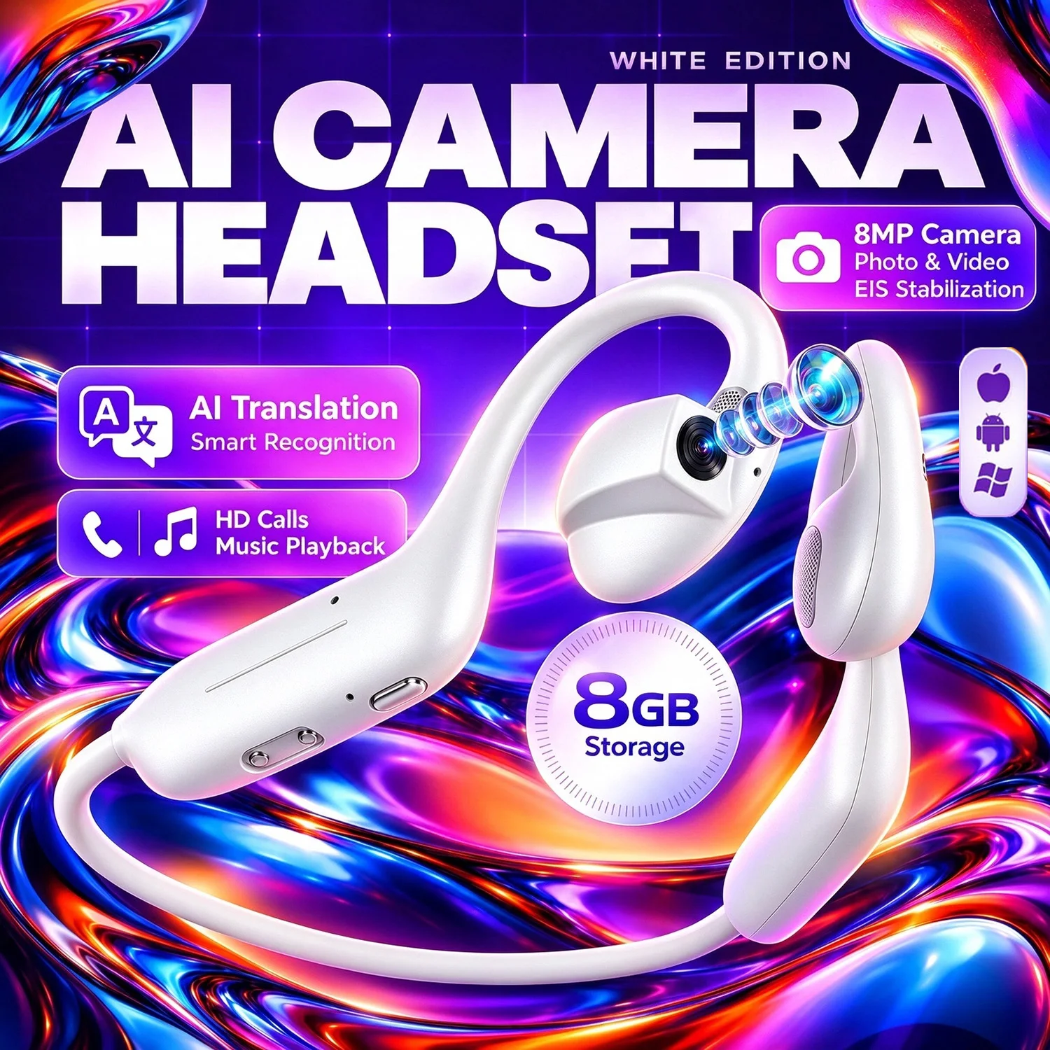 AI Camera Headphones 8MP Bluetooth Open Ear Headset EIS Stabilization AI Translation Smart Recognition HD Calls Music 8GB Memory