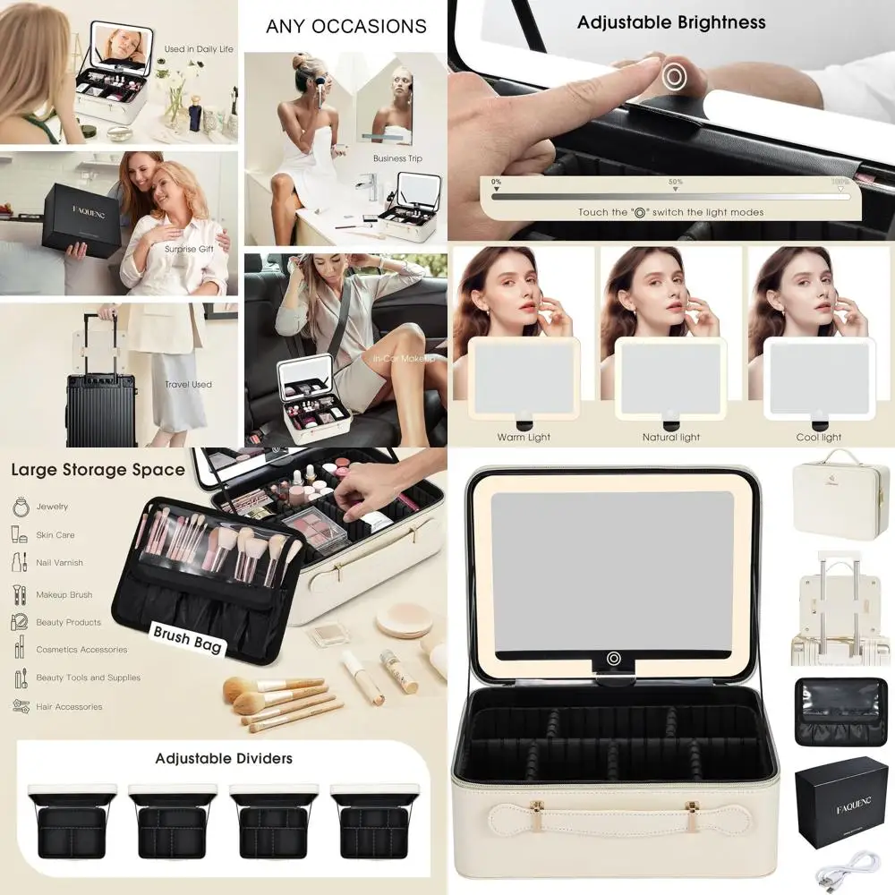 LED-beleuchtetes 11.4-Reise-Make-up-Etui mit einstellbarer Helligkeit, 3-Farben-Optionen und Organizer für Kosmetika und Pinsel