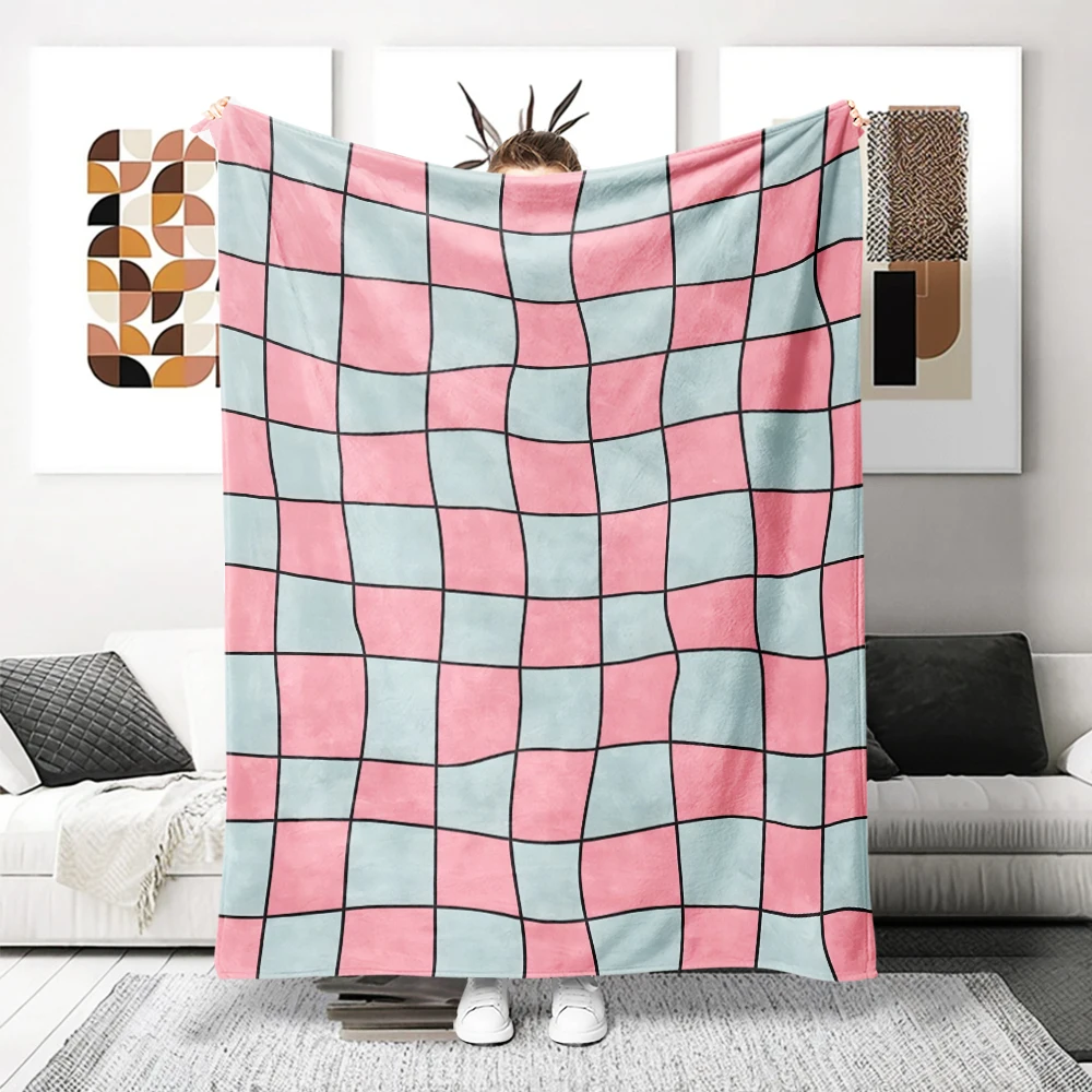 Pink Grey Warped Checker Flannel Blanket Perfect For Sofa Office Bed Travel Sleep Read Relax Camping Four Season Use