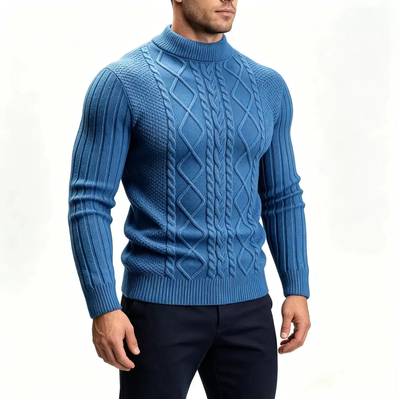 Men's Autumn Diamond Pullover Sweater Warm Knitted Mock Neck Top Casual Solid Color Fashion Knitwear Fried Dough Twist Design