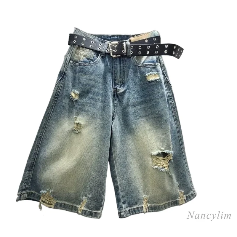 

2026 Summer High Waist Ripped Distressed Denim Pants, Half Length Jeans, Women's Loose Slimming Look Straight-leg Pants
