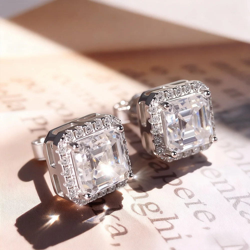 

BXINY 7*7mm Asscher Cut Moissanite Stud Earrings 100% S925 Silver Certified Halo Diamond Ear Studs For Women Fine Jewelry Gifts