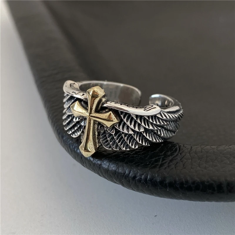 

Sole Memory 925 Sterling Silver Thai Silver Feather Cross Eagle Wings Resizable Opening Ring For Women Jewelry RI1090