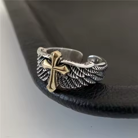 Sole Memory 925 Sterling Silver Thai Silver Feather Cross Eagle Wings Resizable Opening Ring For Women Jewelry RI1090