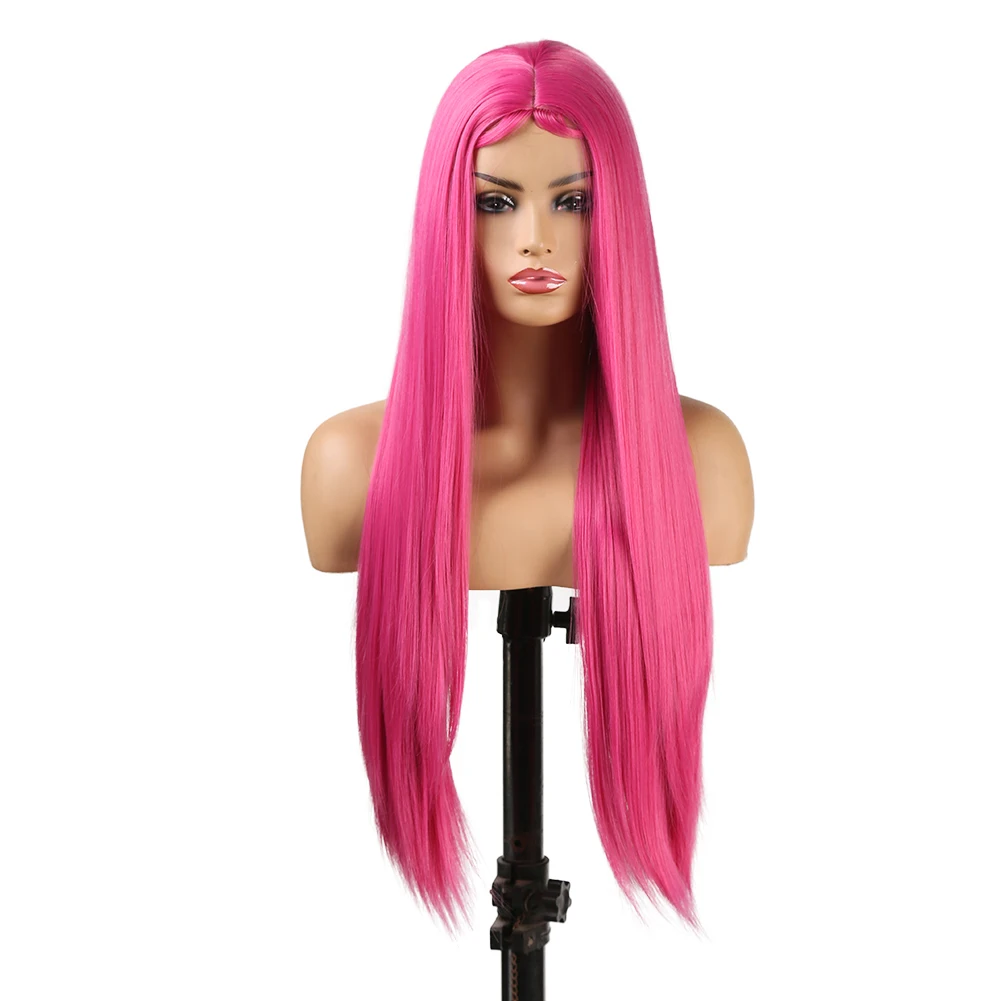 AIMEYA Synthetic No Lace Wig Pink Wig Baby Hair Middle Part Long Straight Hair Heat Resistant Fiber Hair Cosplay Wigs for Women