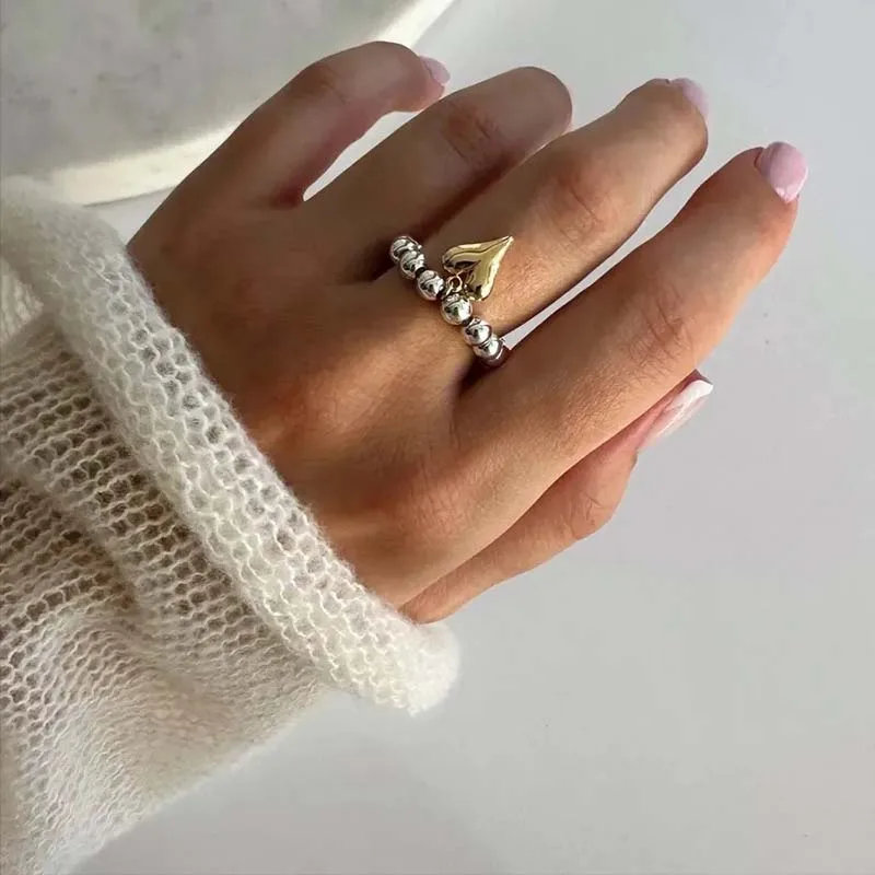 Creative Handmade Beaded Bungee Cord Love Heart Pendant Rings for Women Girl Silver Color CCB Bead Adjustable Ring Jewelry