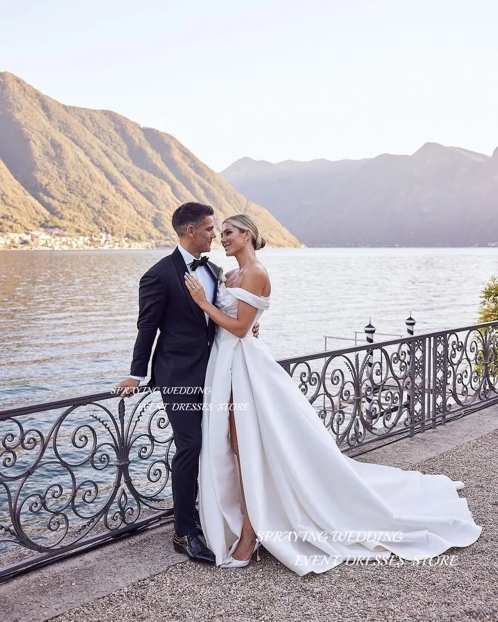SPRAYING Elegant Off Shoulder Wedding Dress A Line High Side Split Satin Bridal Gown Floor Length Sweep Train vestidos de novia