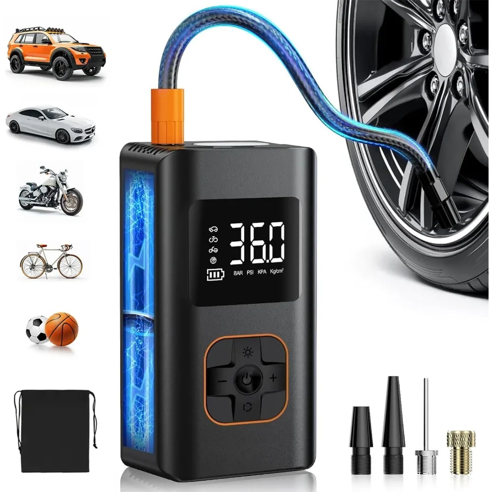 

Портативный воздушный компрессор для накачивания шин, автоматический воздушный насос 150PSI для автомобильных шин, электрический шинный насос постоянного тока 12 В с цифровым ЖК-дисплеем давления