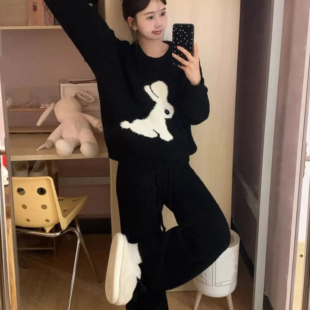 

Ins Horse Fleece Pajamas Set Long Sleeve Duck Rabbit Cartoon Pajamas Suit Loose Kawaii Winter Plush Nightwear Autumn Winter