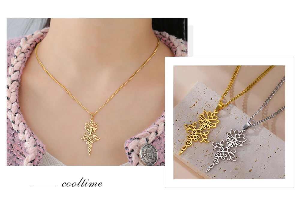COOLTIME Lotusblume Anhänger Damen Halskette Edelstahl Mode Buddhismus Wiedergeburt und Reinheit Charm Halskette Amulett Schmuck – Detail 11