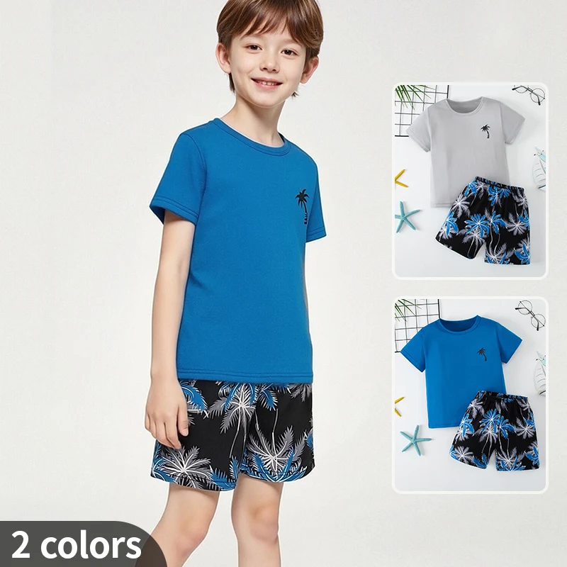 

2/4-piece children's summer fashion short sleeved shorts set for boys and girls, vacation style coconut tree shorts casual top