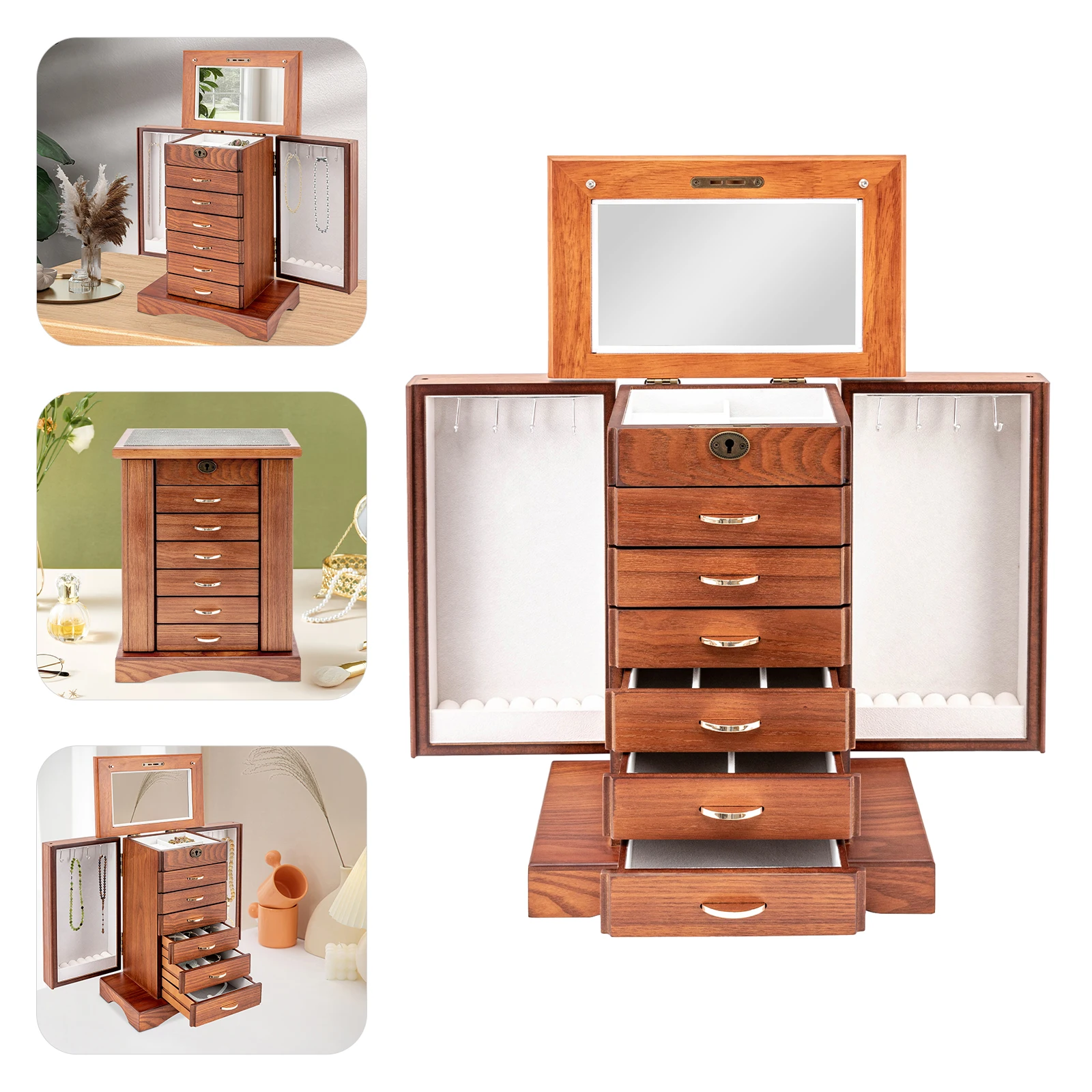 

Retro Walnut Jewelry Box 7 Layers MDF Flocking Cloth Lining Rectangular Key Lock Free standing Grinding Painted