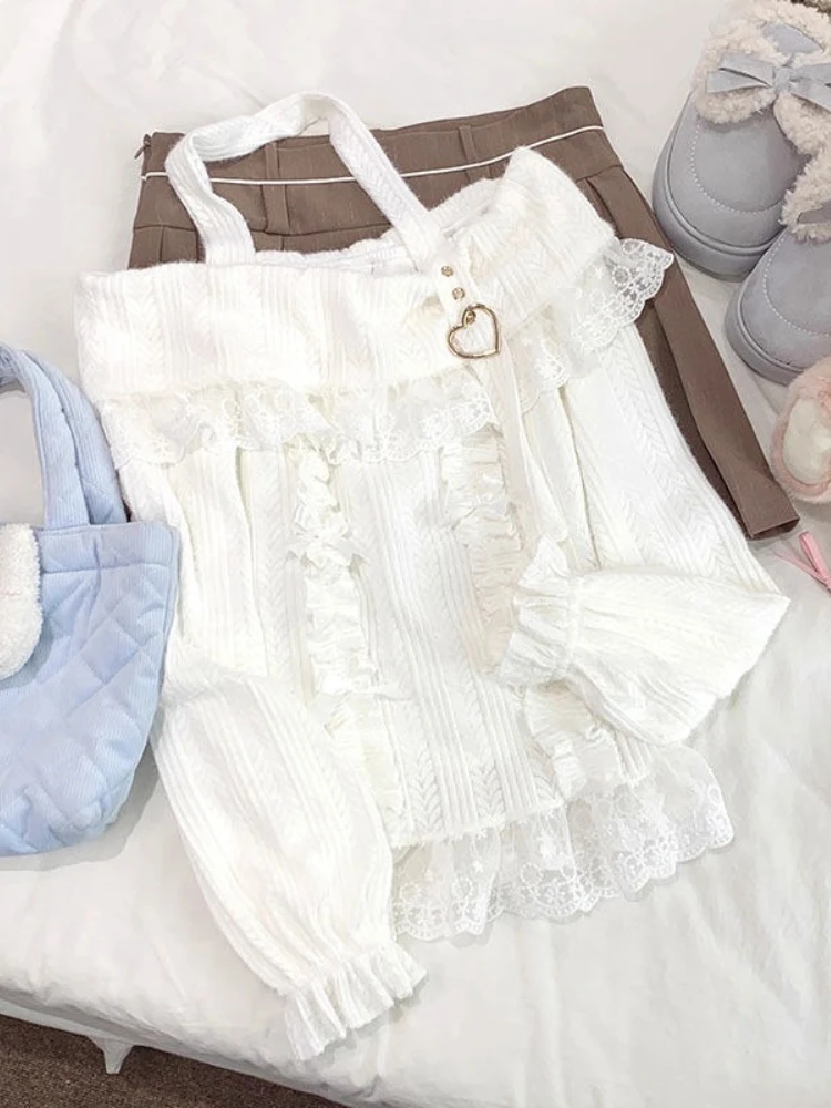Outono inverno doce renda camisa de malha feminina um ombro pendurado pescoço japonês doce estética vintage manga longa topos novo