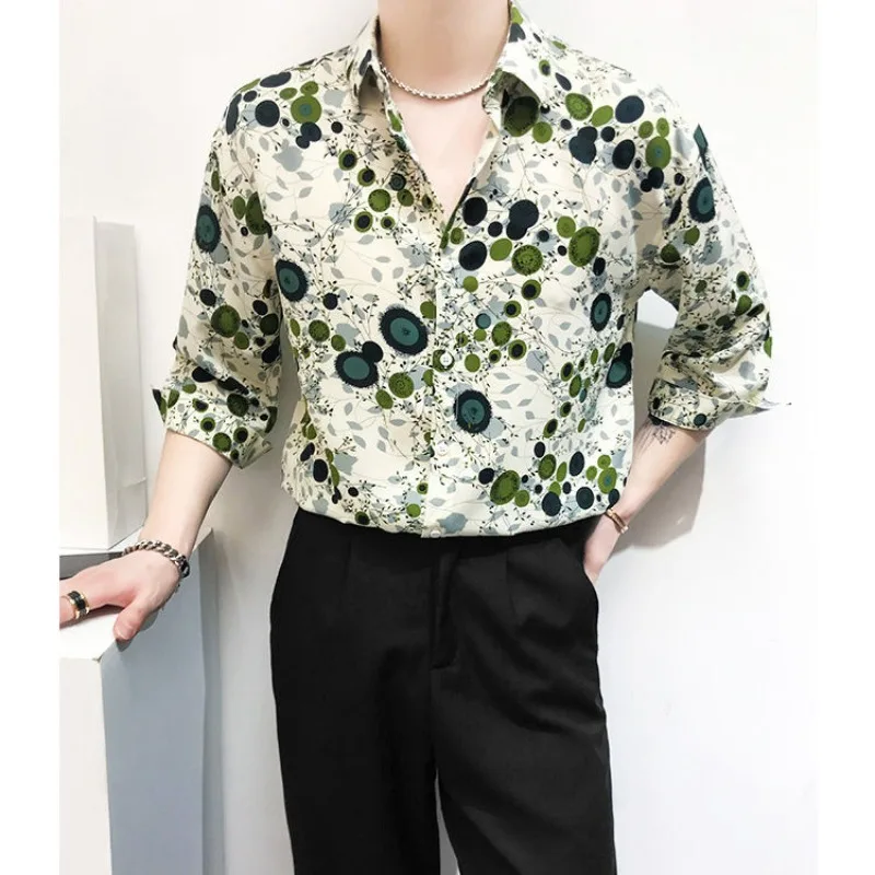 Retro Trendy Summer New Print Men\'s Ice Silk Fabric Single Row Multi Button Fashion Versatile Casual 3/4 Sleeve Shirt Tops