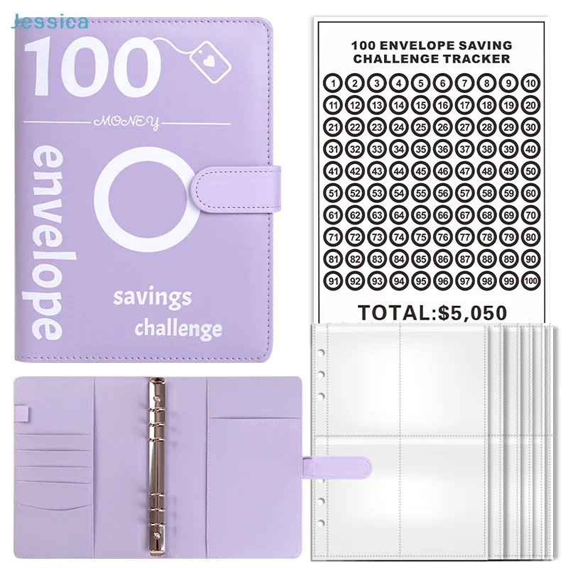

♥100 Envelope Savings Challenge Binder - Purple Budget Organizer with Tracker Sheet, Money Saving Journal for Financial Goals