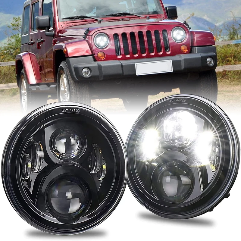 OVOVS 7 Inch Black Housing Round LED Headlamp High Low Beam For Jeep Wrangler JK TJ CJ Defender 90 110 Hummer H1 H2 ATV Truck