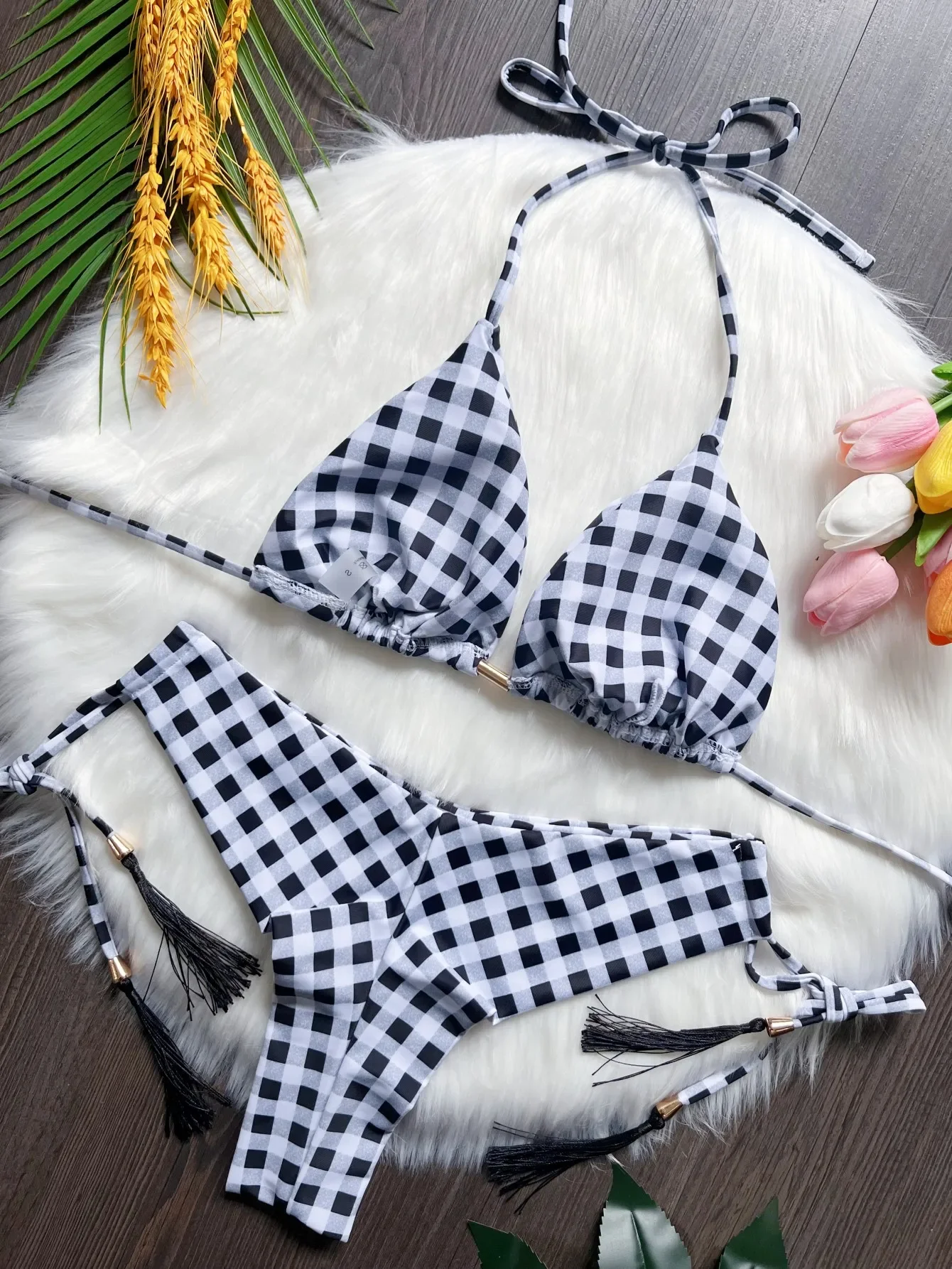 RUOTONSEPT Sexy Lattice Print Bandage Bikini Set Women's Swimsuit Two-piece Triangle Swimwear Bathing Suit Brazilian Biquini New