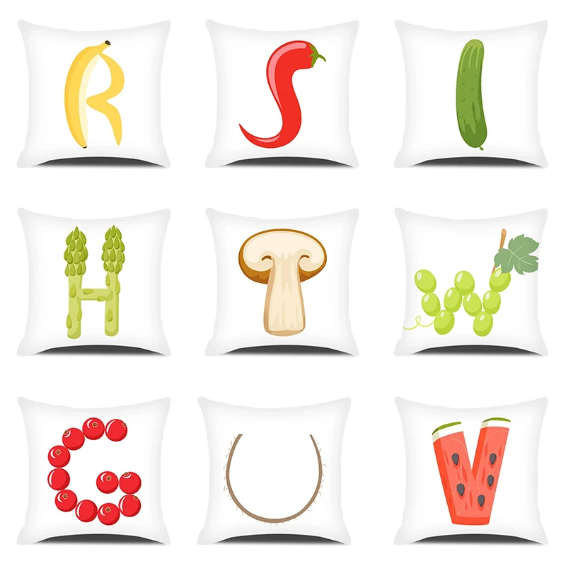 

Interesting fruit and vegetable letter printed pillowcase for home bedroom living room sofa cushion cover peach skin pillowcase