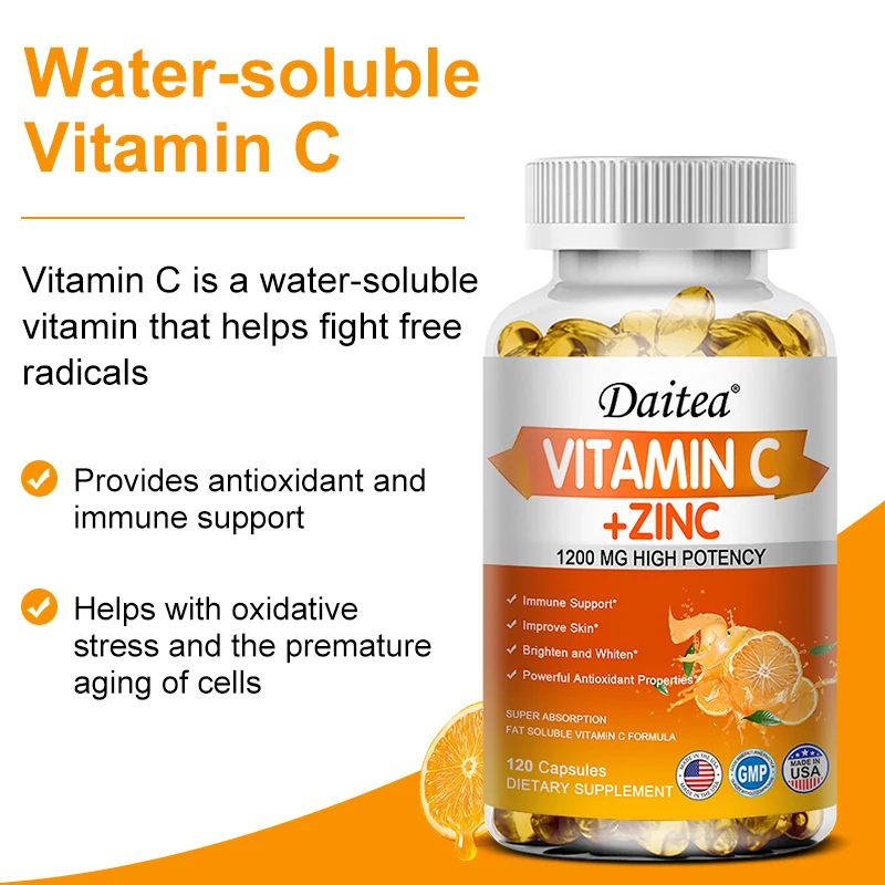 Premium Vitamin C + Zinc Capsules - Antioxidant, Promotes Cellular Energy Production and Collagen, Promotes Skin Health