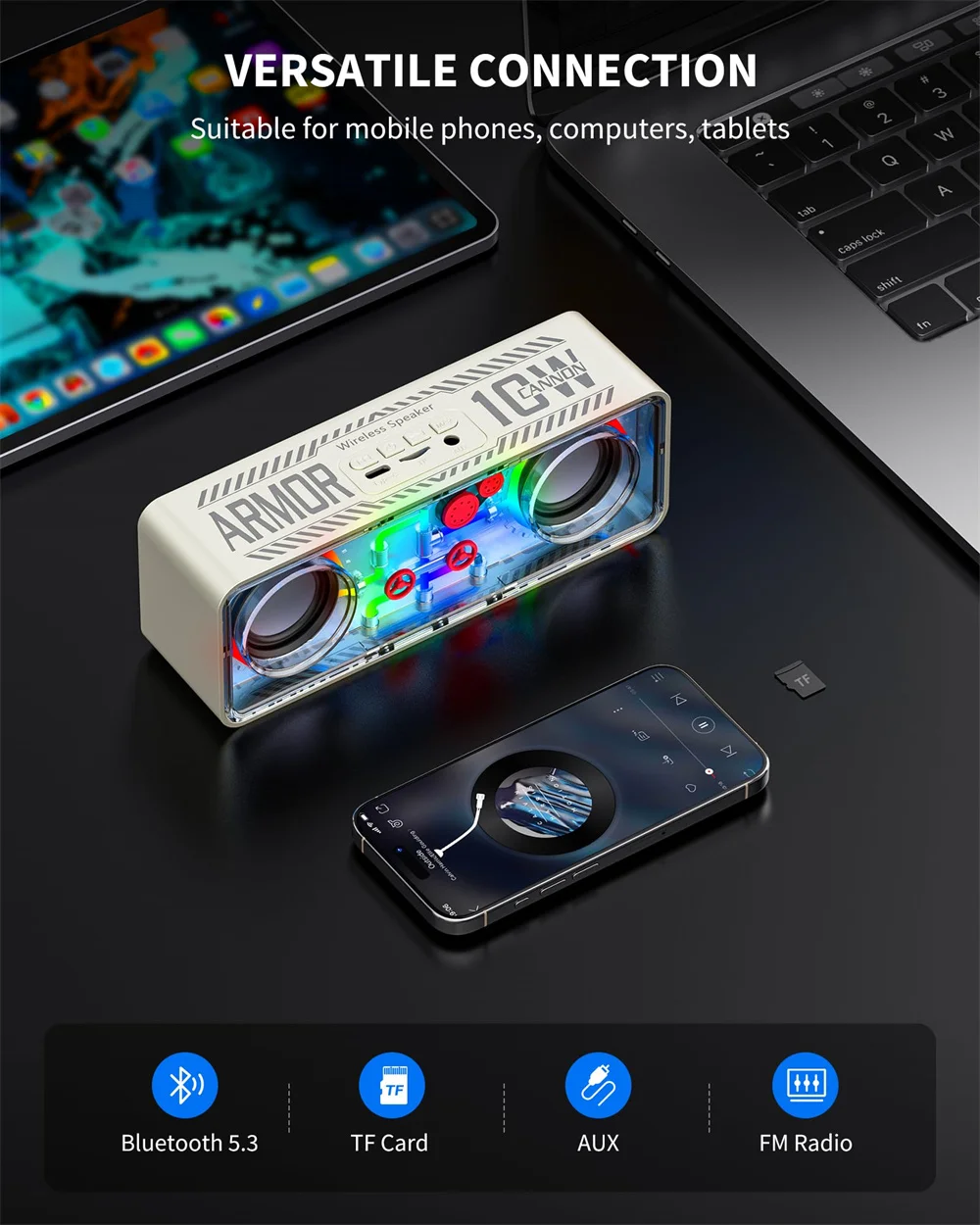 مكبر صوت محمول بلوتوث ، طاقة عالية ، ضوء ملون RGB ، مكبر صوت BT5.3 ، ستيريو محيطي ، في الهواء الطلق TWS FM Boombox