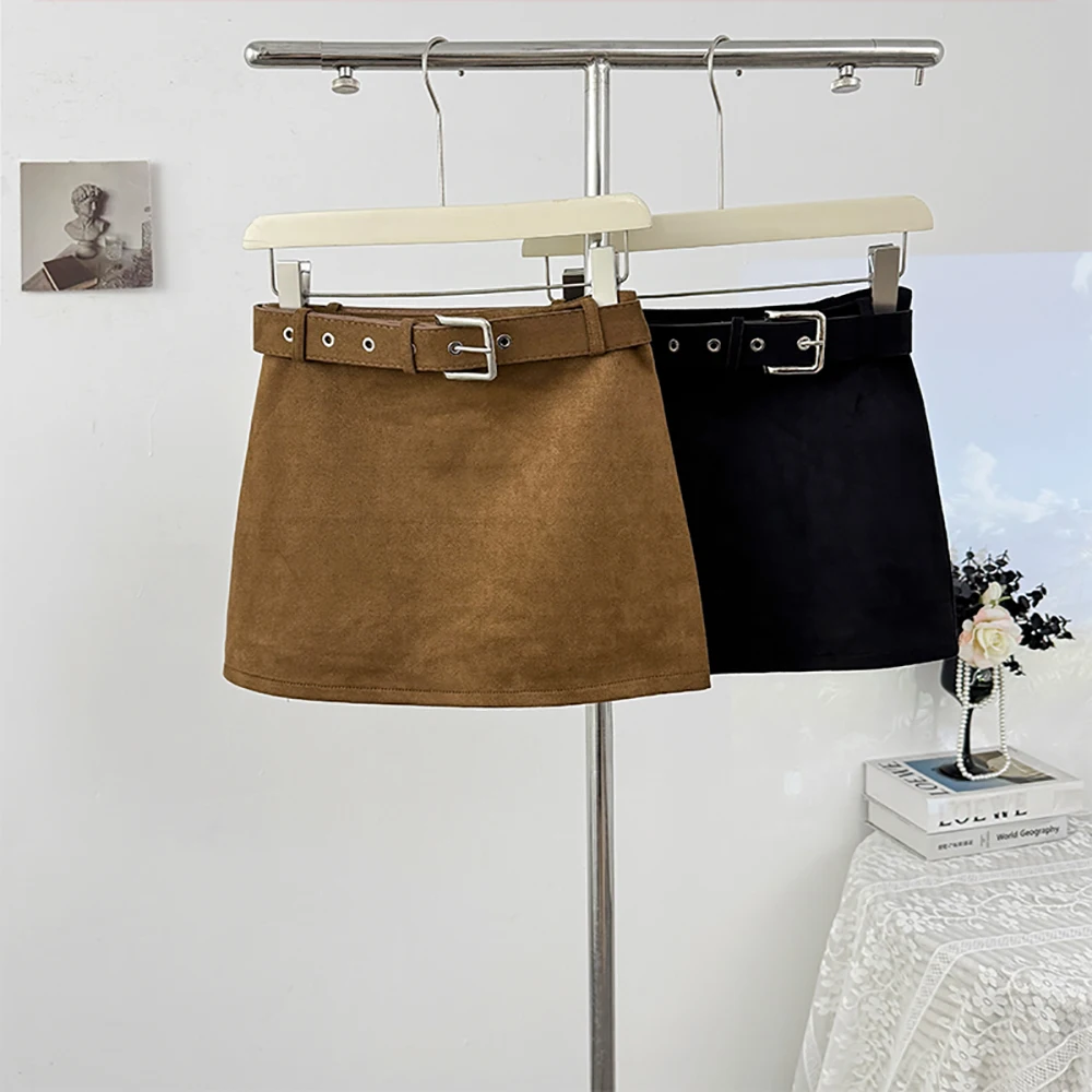 Faux Suede Vintage Skirts French Spicy Girl Solid Color A-Line Mini Skirt Autumn Winter Temperament High Waist All-Match Skirts