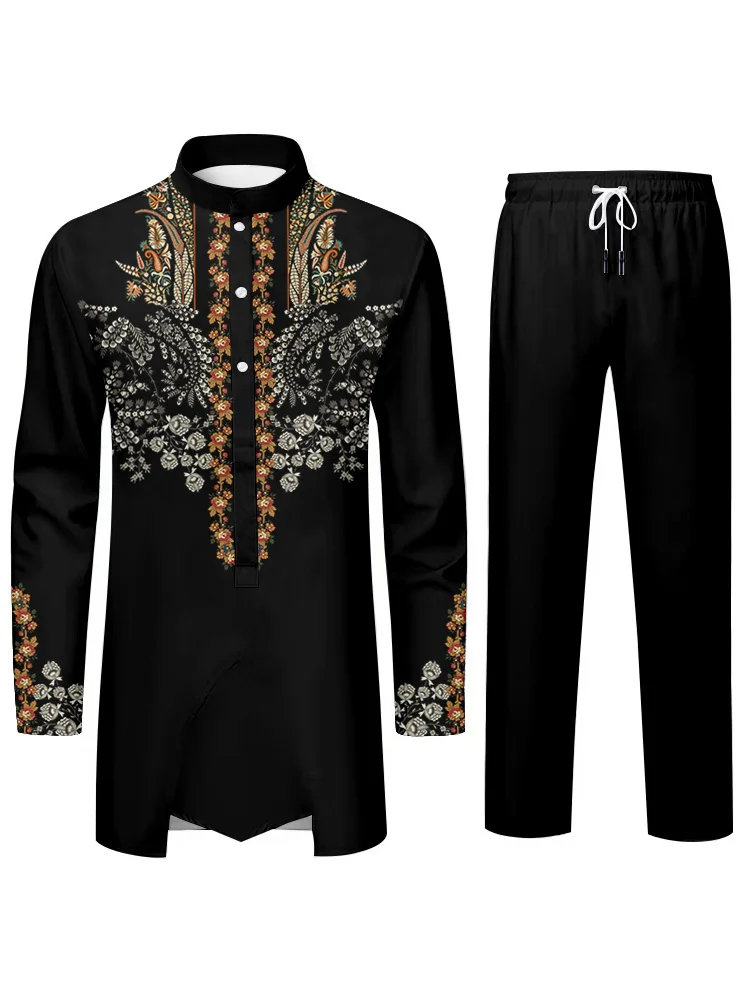 Stylish Casual Mens Suit Stylish Elegant 3D Printed Shirt with Collar Long Sleeve and Trousers Shariah Dress Two Piece Set