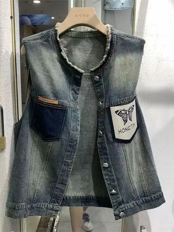 

Retro Frayed Denim Vest Women's ort Svel Outerwear oulder Pad Small Size Vest Spring Summer Faion Commute
