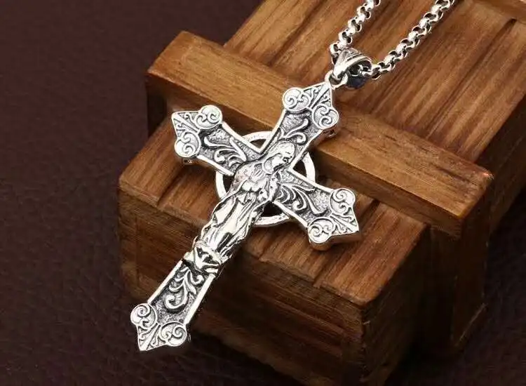 S925 sterling silver jewelry, Virgin Mary cross necklace pendant, European and American men and women's sweater chain, Thai silv