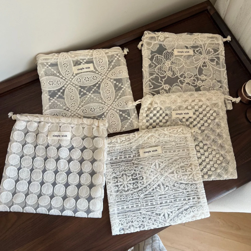 Vintage Floral Lace Embroidered Cosmetic Storage Bags Cases Mesh Cotton Flower Drawstring Makeup Storage Pouch Bag