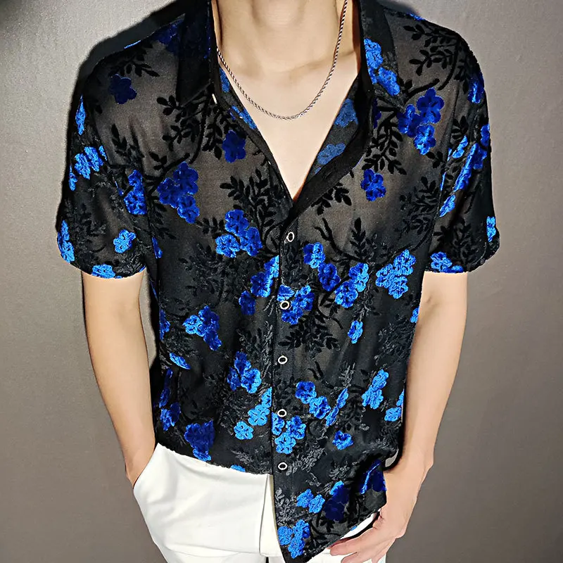 Chemise Homme Sexy See Through Mesh Shirt Men Small Blue Floral Transparent Shirt Men Velvet Club Party Long Sleeve Shirts Men