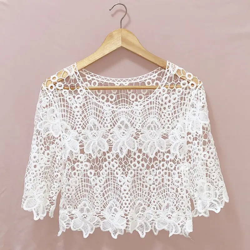 

Women Knitted Hollow Out Lace Blouse 2024 Summer Women's Embroidery Floral Short Shawl Cover Up Pullover Top