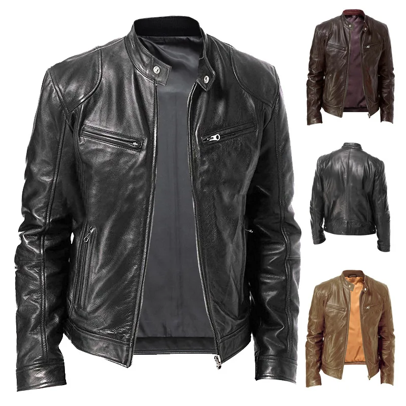 

2023 Spring New Men's Stand-up Collar Slim Fit Leather Jacket Zipper Pocket Decorative Motorcycle Leather Coat