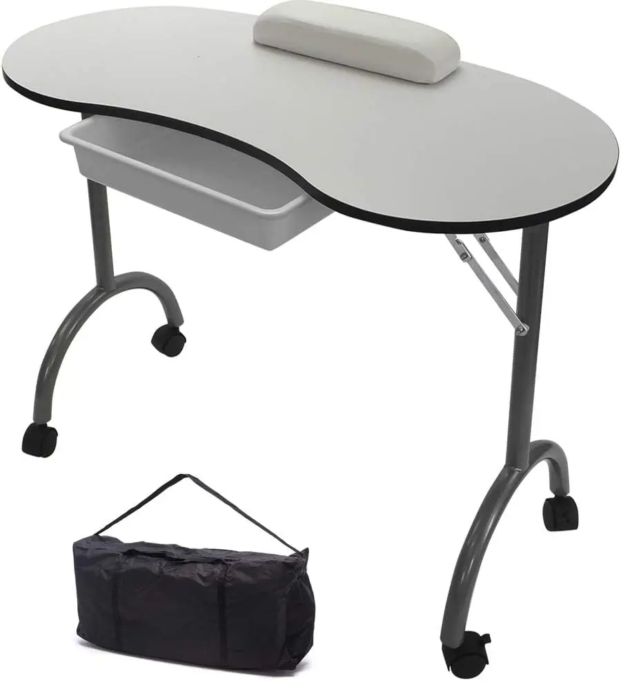 White Portable Foldable Mobile Manicure Nail Art Beauty Salon Table Desk With Pull Out Drawer + Wrist Rest + Carry Bag