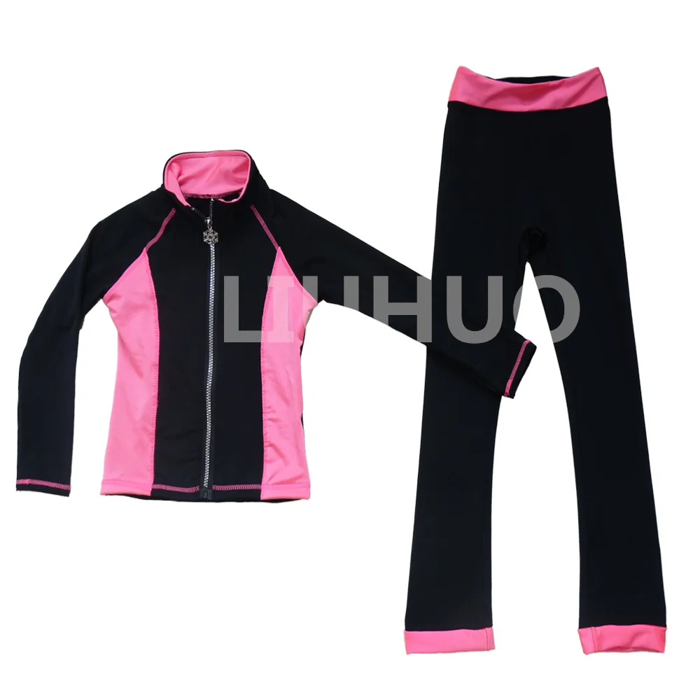 LIUHUO Ice Figure Skating Pants Jacket Girls Pink Black Fleece Leggings Stretchy Trousers Training Outfits