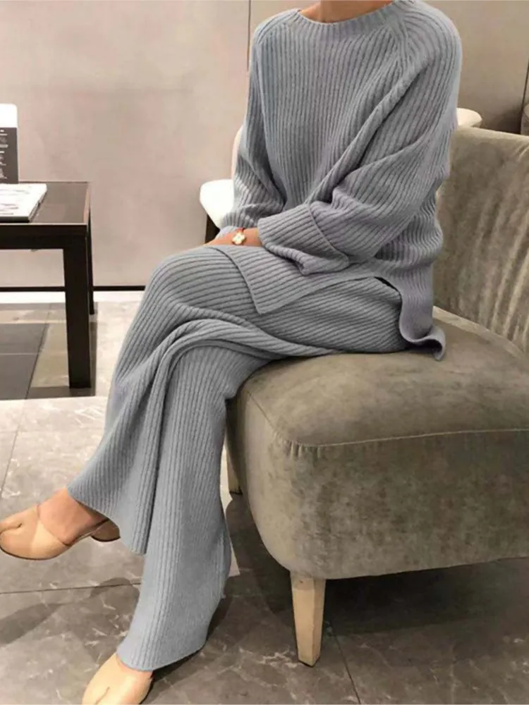 Autumn Winter Solid Color Knitted Pants Sets Women Fashion Casual Knitting Slit Tops Wide Legs Trousers Two Piece Set Female New