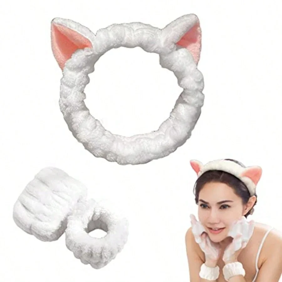 

3-Piece Fluffy Cat Ear Headband Set With Matching Wristbands For Face Washing And Makeup Application