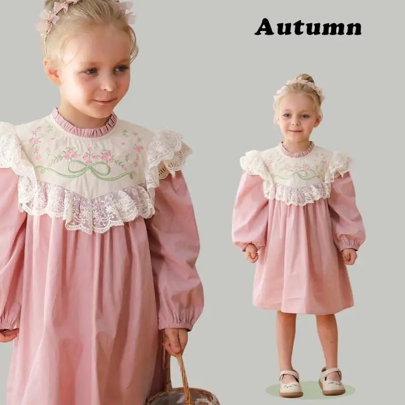 2024 Stand Collar Sweet Girls Dress Flower Embroidery High-Quality Girl Dresses  Lace Patchwork Children Loose Casual Clothing