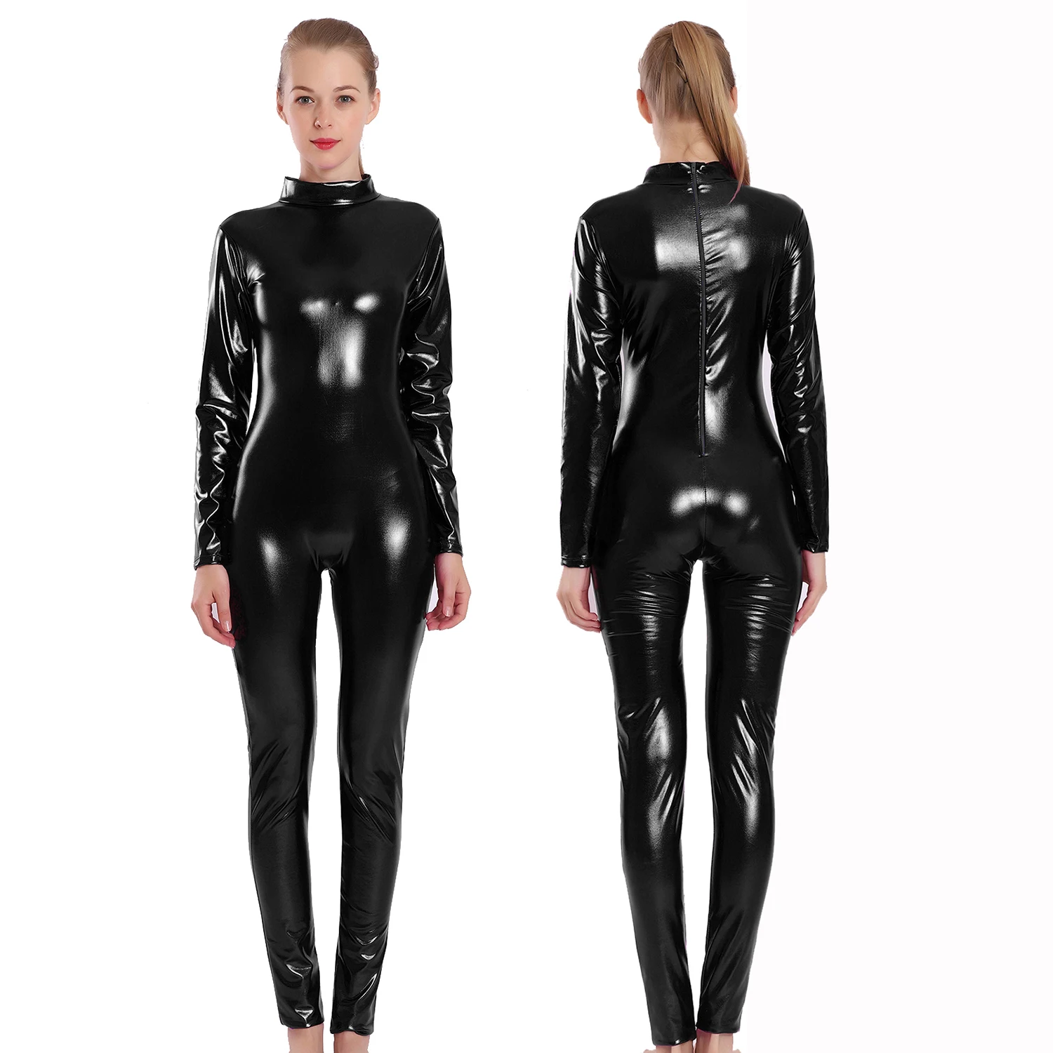 Aoylisey Vrouwen Glanzend Metallic Unitard Schildpad Hals Lange Mouw Voetloze Cosplay Zentai Pak Volwassen Hollween Catsuit Danskleding