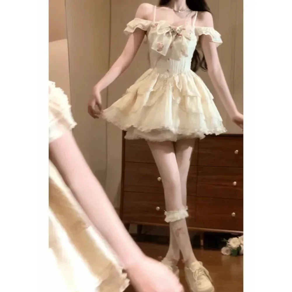 Princess Style Mini Skirt Dress Lace Splicing Heavy Work Short Sleeve Waist Cinching Slimming Young-looking Summer Dress