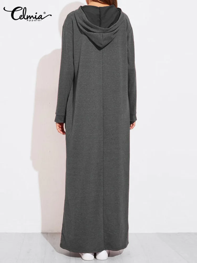 Celmia 2023 Women Maxi Dress Autumn Fashion Vintage Hooded Dress Sweatshirt Winter Long Sleeve Hoodies Winter Vestido Robe Femme