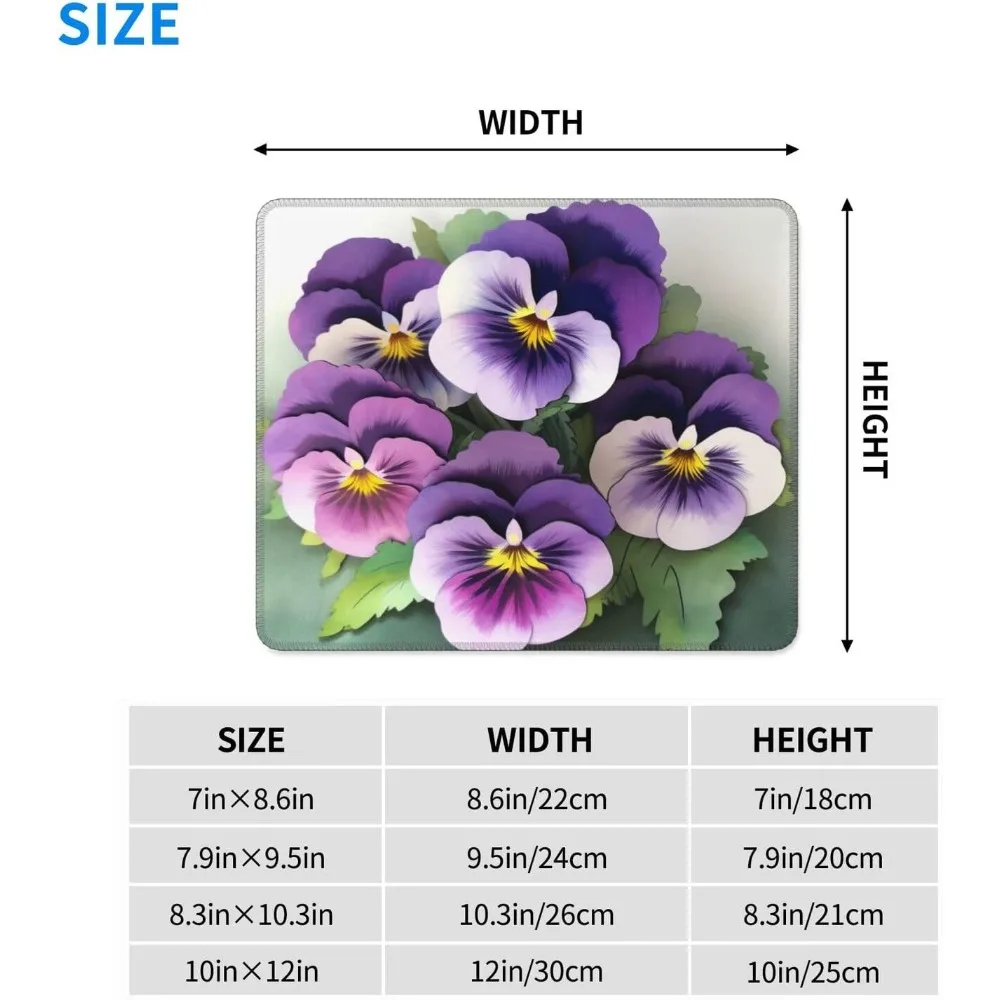 Tapete de mouse para jogos com estampa de flores Pansies - 10 x 12 polegadas com base de borracha antiderrapante e borda costurada