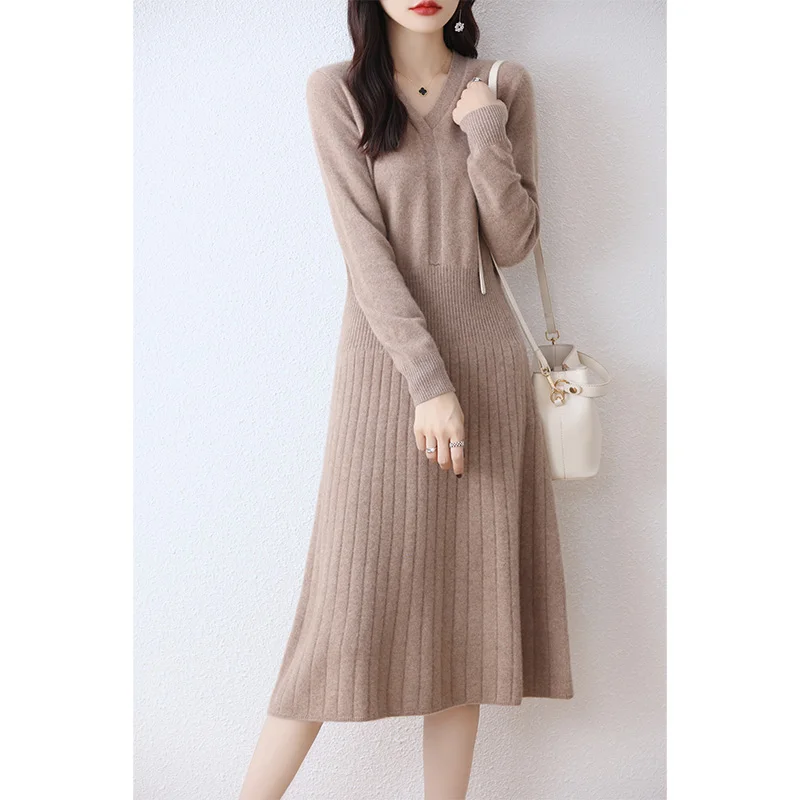 Autumn and winter new 100% pure wool knitted dress waist long sleeve base mid-length sweater dress over the knee knitted skirt