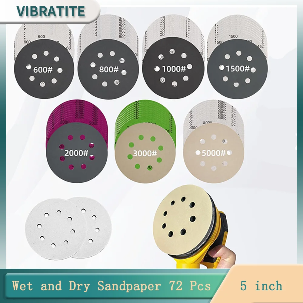 5-Zoll-Nass-Trocken-Schleifscheiben 72-teiliges 8-Loch-Set mit Schnitts telle spads für zufällige Exzenter schleifer 110-5000 Körnungen zum Schleifen von Metall