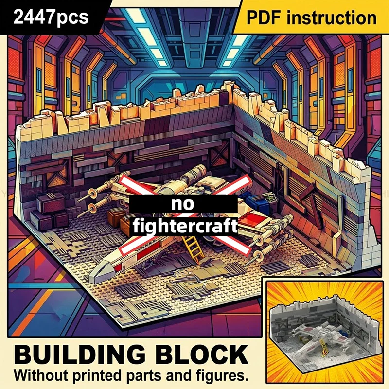 

Диорама-модель 75301 MOC: Угловой интерьер ангарного комплекса на ледяной планете в стиле Sci-Fi с лестницей и грузовыми контейнерами