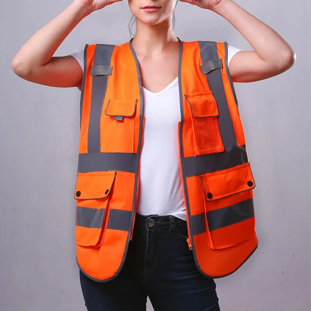 

Reflective Working Vest Multi Pocket High Visibility Orange Safety Vests for Men Women Construction Work Wear Night Warning