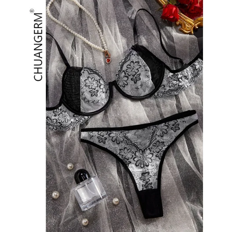 

CHUANGERM Womens Sexy Lingerie undergarments Ste embroider Bar and Panty Erotic Set Floral Embroidery Sexy Color Clash Lingerie