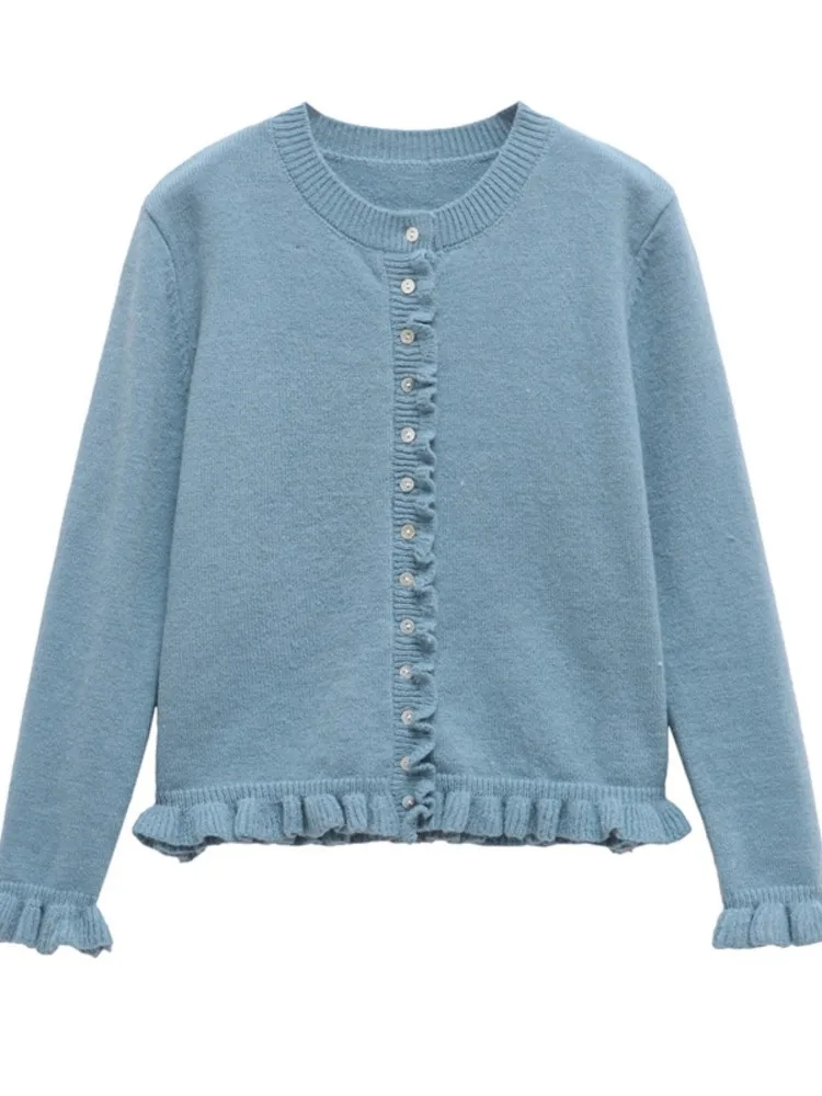 

2025 Solid Color Cardigan Winter Clothes Woman Pulls Femmes Casual All-match Loose Simple Style Sweater Comfortable Slim Ruffles